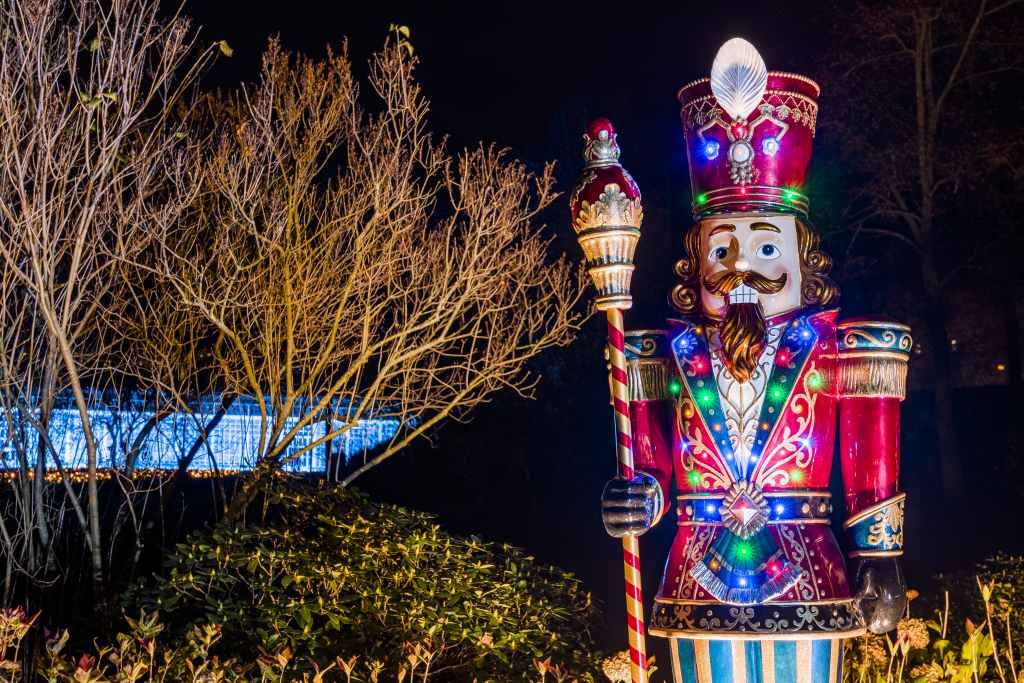Eine bunte, beleuchtete Nussknackerfigur steht nachts im Freien. Daneben befinden sich blattlose Sträucher und etwas Grünpflanzen.