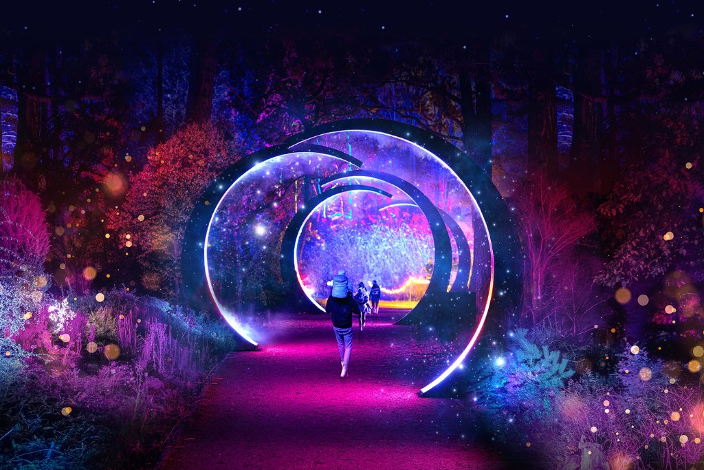 Eine Person geht durch beleuchtete, runde Bögen. Der Weg ist bunt und leuchtet. Um den Weg herum sind Lichter und Bäume. Es ist Nacht.