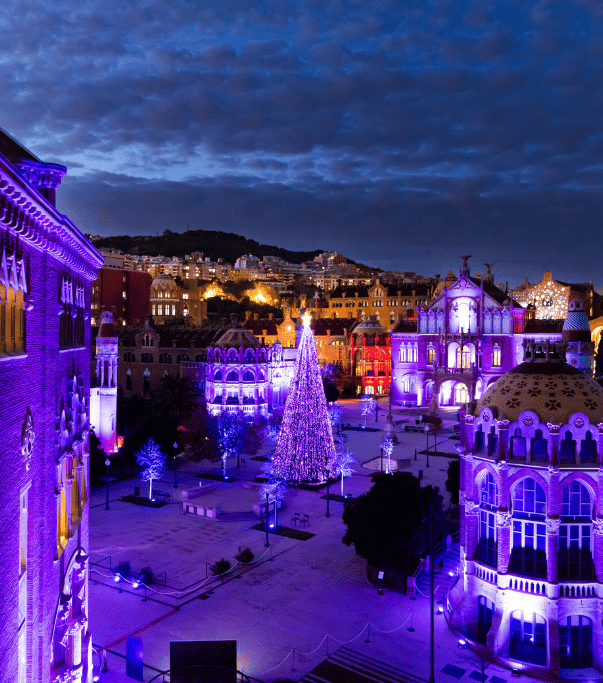 Ein Platz bei Nacht mit einem großen, blau beleuchteten Weihnachtsbaum. Farbvoll erleuchtete Gebäude säumen den Platz. Im Hintergrund ist eine städtische Hügellandschaft zu sehen.