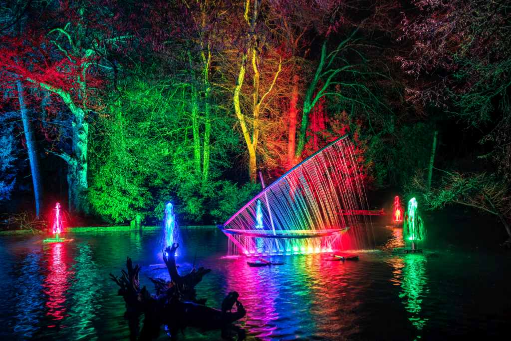 Bunte Lichter beleuchten nachts einen Springbrunnen und Bäume in einem Park.