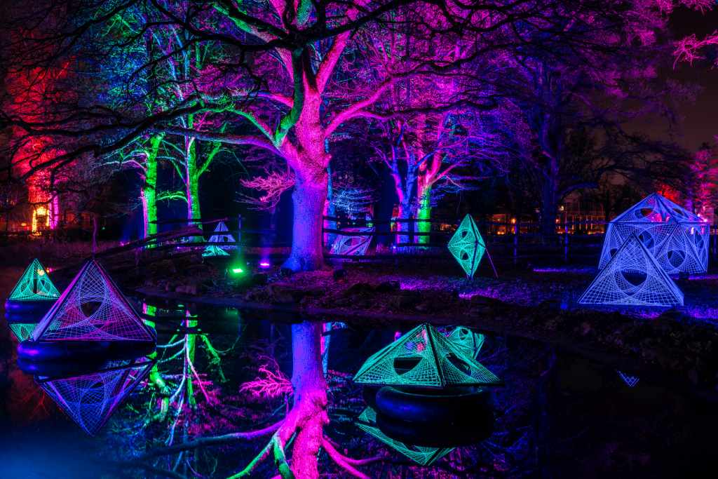 Bäume und geometrische Skulpturen sind nachts in lila, blau und grün beleuchtet. Die Farben spiegeln sich im Wasser.