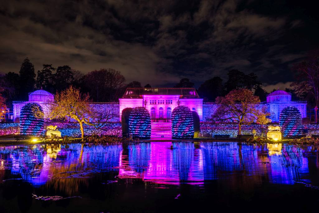 Ein großes Gewächshaus und Gärten sind nachts in lila und blau beleuchtet. Die Lichter spiegeln sich in einem Teich. Der Himmel ist bewölkt.