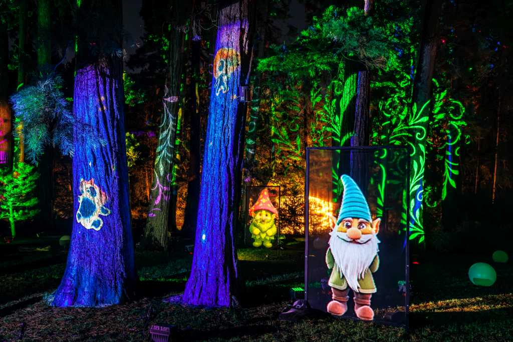 Beleuchtete hohe Bäume mit bunten Lichtern. Im Vordergrund zeigt ein digitaler Bildschirm einen gezeichneten Gnom mit blauem Hut.
