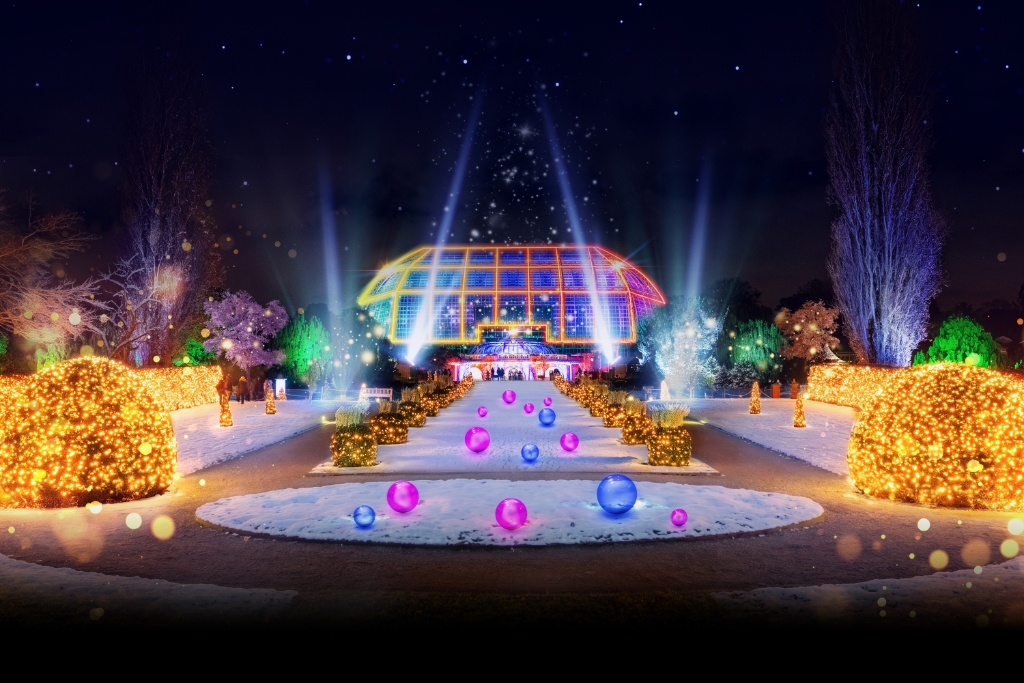 A glass greenhouse is illuminated with colorful lights. Next to it, on a snow-covered path, stand shrubs decorated with string lights and glowing ornaments.